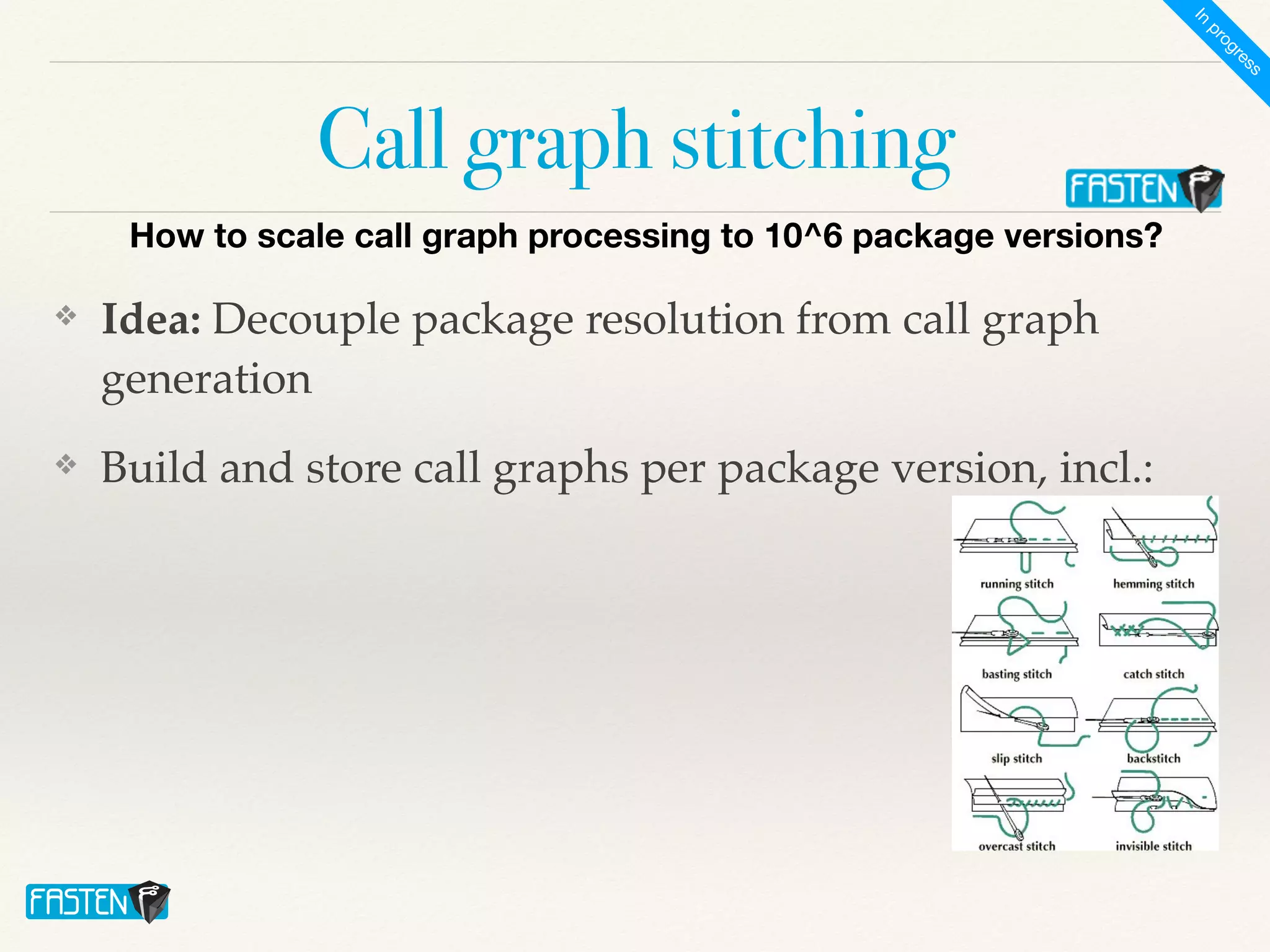 Call graph stitching
❖ Idea: Decouple package resolution from call graph
generation
❖ Build and store call graphs per package version, incl.:
How to scale call graph processing to 10^6 package versions?
I
n
p
r
o
g
r
e
s
s
 