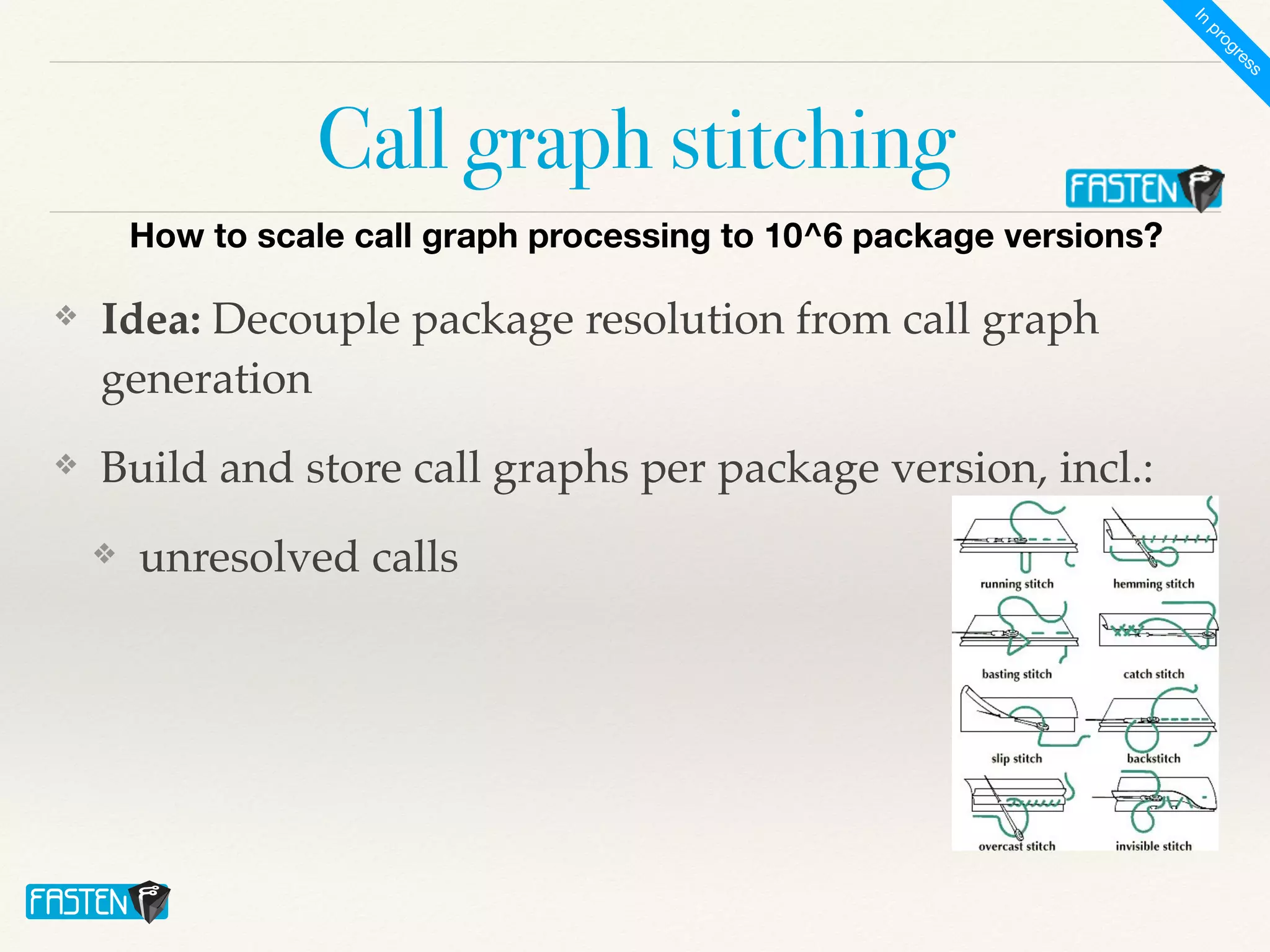 Call graph stitching
❖ Idea: Decouple package resolution from call graph
generation
❖ Build and store call graphs per package version, incl.:
❖ unresolved calls
How to scale call graph processing to 10^6 package versions?
I
n
p
r
o
g
r
e
s
s
 