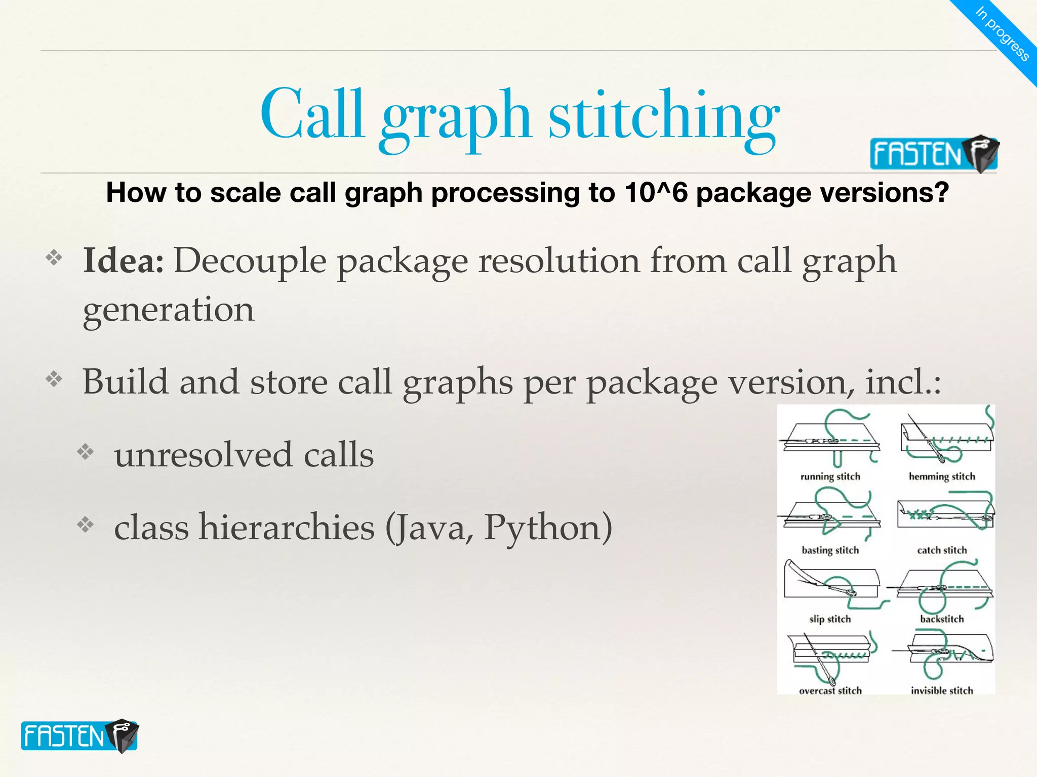 Call graph stitching
❖ Idea: Decouple package resolution from call graph
generation
❖ Build and store call graphs per package version, incl.:
❖ unresolved calls
❖ class hierarchies (Java, Python)
How to scale call graph processing to 10^6 package versions?
I
n
p
r
o
g
r
e
s
s
 