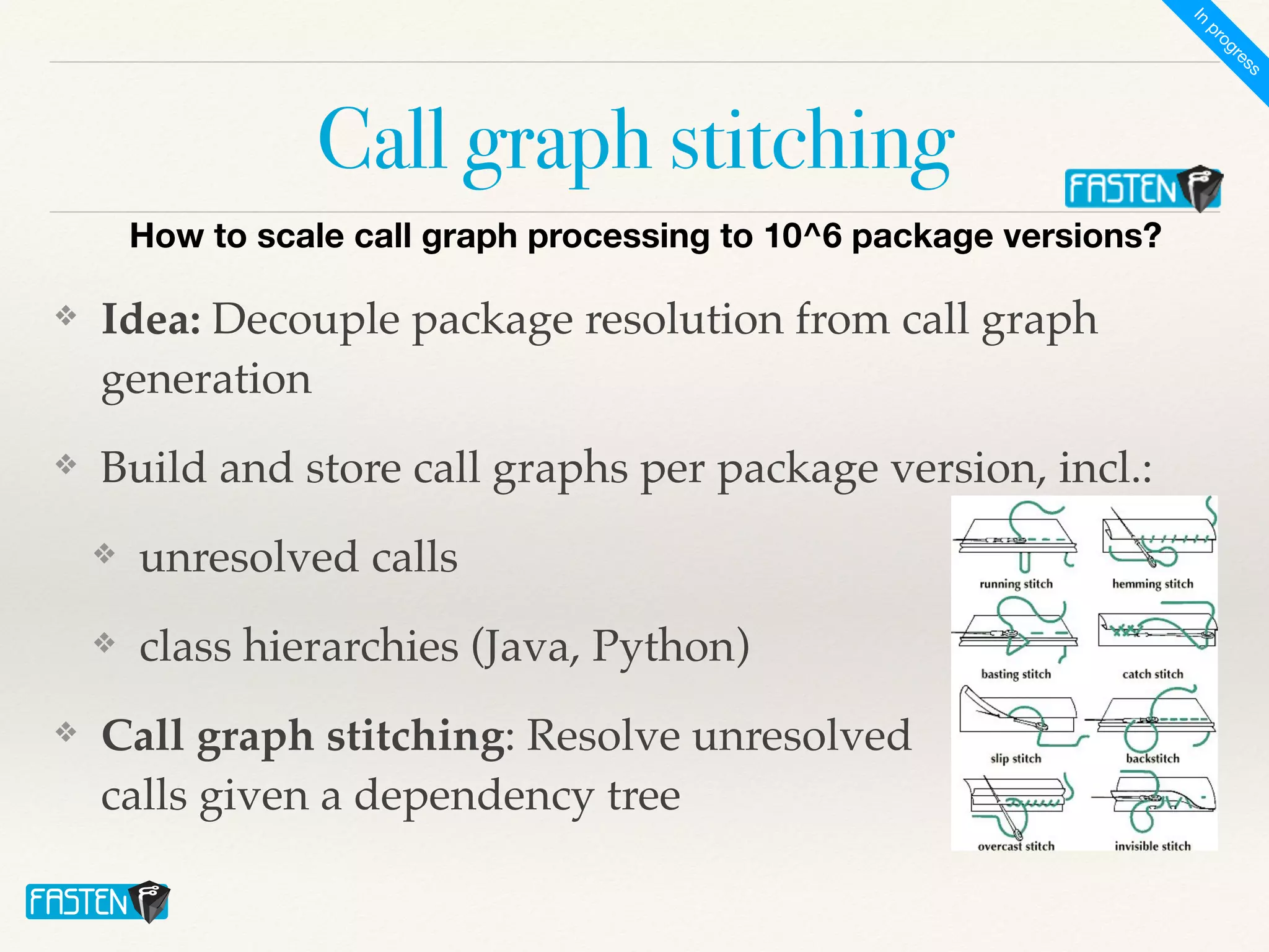 Call graph stitching
❖ Idea: Decouple package resolution from call graph
generation
❖ Build and store call graphs per package version, incl.:
❖ unresolved calls
❖ class hierarchies (Java, Python)
❖ Call graph stitching: Resolve unresolved
 
calls given a dependency tree
How to scale call graph processing to 10^6 package versions?
I
n
p
r
o
g
r
e
s
s
 