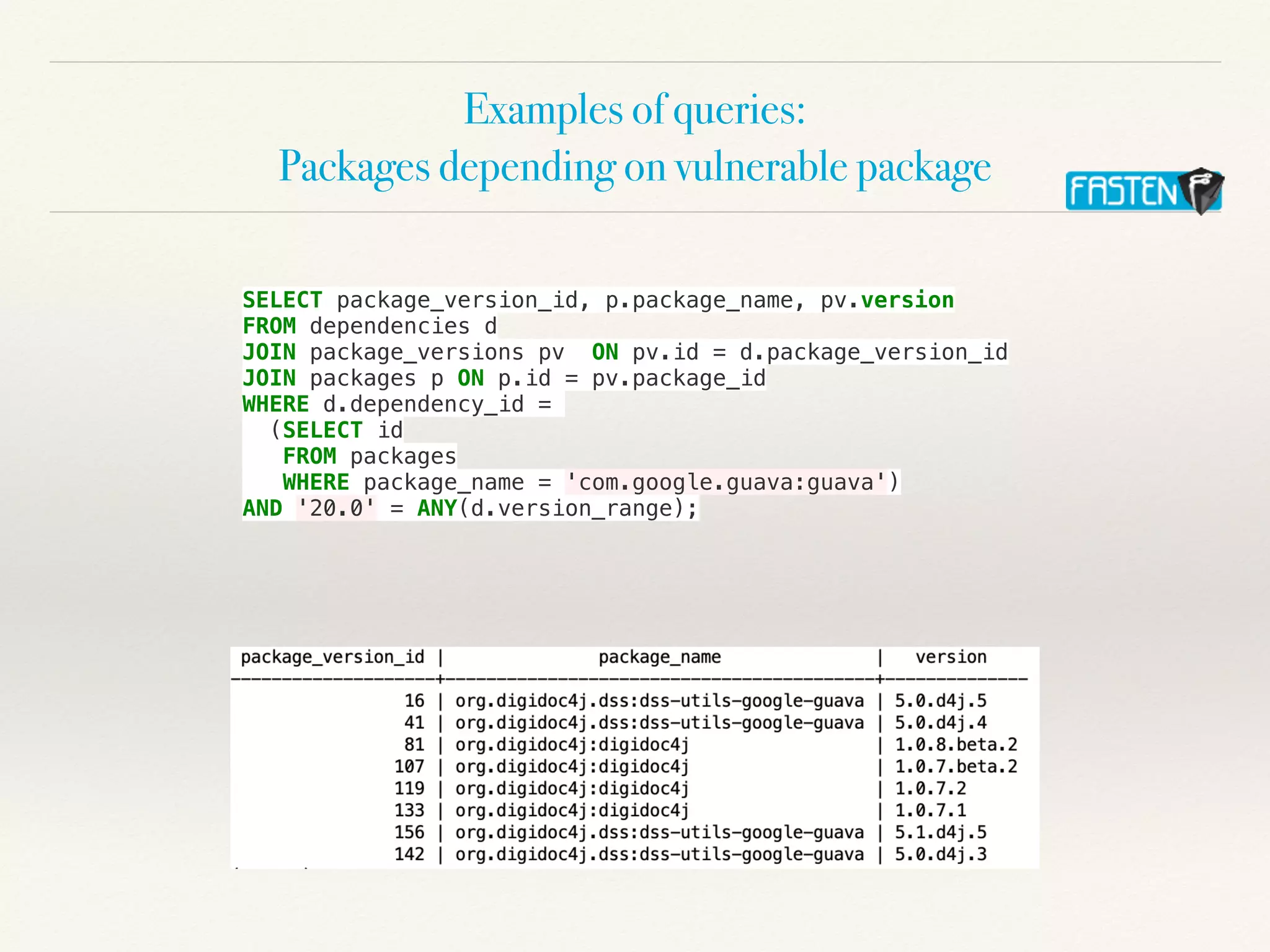 Examples of queries:


Packages depending on vulnerable package
SELECT package_version_id, p.package_name, pv.version


FROM dependencies d


JOIN package_versions pv ON pv.id = d.package_version_id


JOIN packages p ON p.id = pv.package_id


WHERE d.dependency_id =


(SELECT id


FROM packages


WHERE package_name = 'com.google.guava:guava')


AND '20.0' = ANY(d.version_range);


 