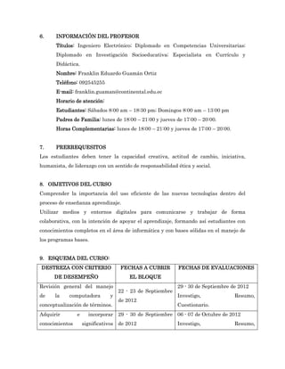 6.     INFORMACIÓN DEL PROFESOR
       Títulos: Ingeniero Electrónico; Diplomado en Competencias Universitarias;
       Diplomado en Investigación Socioeducativa; Especialista en Currículo y
       Didáctica.
       Nombre: Franklin Eduardo Guamán Ortiz
       Teléfono: 092545255
       E-mail: franklin.guaman@continental.edu.ec
       Horario de atención:
       Estudiantes: Sábados 8:00 am – 18:30 pm; Domingos 8:00 am – 13:00 pm
       Padres de Familia: lunes de 18:00 – 21:00 y jueves de 17:00 – 20:00.
       Horas Complementarias: lunes de 18:00 – 21:00 y jueves de 17:00 – 20:00.


7.     PRERREQUESITOS
Los estudiantes deben tener la capacidad creativa, actitud de cambio, iniciativa,
humanista, de liderazgo con un sentido de responsabilidad ética y social.


8. OBJETIVOS DEL CURSO
Comprender la importancia del uso eficiente de las nuevas tecnologías dentro del
proceso de enseñanza aprendizaje.
Utilizar medios y entornos digitales para comunicarse y trabajar de forma
colaborativa, con la intención de apoyar el aprendizaje, formando así estudiantes con
conocimientos completos en el área de informática y con bases sólidas en el manejo de
los programas bases.


9. ESQUEMA DEL CURSO:
DESTREZA CON CRITERIO              FECHAS A CUBRIR         FECHAS DE EVALUACIONES
      DE DESEMPEÑO                     EL BLOQUE
Revisión general del manejo                                29 - 30 de Septiembre de 2012
                                   22 - 23 de Septiembre
de    la    computadora        y                           Investigo,             Resumo,
                                   de 2012
conceptualización de términos.                             Cuestionario.
Adquirir        e     incorporar 29 - 30 de Septiembre 06 - 07 de Octubre de 2012
conocimientos       significativos de 2012                 Investigo,             Resumo,
 