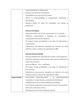 como herramienta de información.
                -   Fomenta la cultura de investigación.
                -   Flexibilidad en la gerencia de la tutoría.
                -   Motiva la responsabilidad, el cumplimiento, honestidad y
                    puntualidad
                -   Reportes fiables de todas las actividades que brinda la
                    plataforma.


                    DE LAS TUTORIAS
                -   Aplicación práctica de los ejes transversales en el currículo.
                -   Profesores comprometidos a satisfacer las necesidades y
                    requerimiento del sistema educativo
                -   El campus brinda accesibilidad a las redes de información y
                    comunicación.
                -   Laboratorios correctamente equipados con internet, con canal
                    dedicado a datos e internet de capacidad de 4 MB.


                    DE LAS NIVELACIONES
                -   Personal debidamente capacitado de acuerdo a cada asignatura.
                -   Excelente relaciones interpersonales entre quienes conforman la
                    institución educativa.
                -   Servicios Básicos, bar y mobiliarios.
                -   El campus brinda accesibilidad a las redes de información y
                    comunicación.
                -   Laboratorios correctamente equipados con internet, con canal
                    dedicado a datos e internet de capacidad de 4 MB.
Oportunidades   -   Instituciones   Gubernamentales        y     no   gubernamentales
                    vinculadas a la capacitación y mejoramiento del docente.
                -   Globalización de los servicios académicos del Colegio.
                -   Convenios de cooperación institucional nacional e internacional.
                -   Proceso de evaluación externa.
                -   Estudiantes con un nivel académico superior.
 