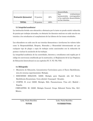 desarrollada.
                                                           Las              evaluaciones
                                                           quimestrales corresponden
 Evaluación Quimestral      10 puntos            20%
                                                           a los capítulos desarrollados
                                                           en las tutorías.
          TOTAL             50 puntos            100%


    13. Integridad académica:
La institución brinda una educación a distancia por lo tanto no puede existir reducción
de puntos por trabajos atrasados, no obstante los docentes motivan en cada una de sus
tutorías a los estudiantes al cumplimiento de las labores de los temas estudiados.


Los educadores en cada una de sus tutorías demuestran e involucran los valores tales
como la Responsabilidad, Respeto, Honradez y Honestidad determinando así que
cualquier tipo de plagio o copia de trabajos serán sancionados con la reducción de
puntos e incluso la anulación de los trabajos.
La integridad académica de las autoridades, docentes y estudiantes está regida por el
código de convivencia establecido por la institución y el Reglamento de la Ley Orgánica
de Educación Intercultural en sus capítulos IV, V, VI, VII, VIII.


    14. Bibliografía:
   Ministerio de Educación, Lineamientos Curriculares para el Nuevo Bachillerato,
    área de ciencias experimentales: Biología.
   EDICIONES HOLGUIN. (2009). Biología para Segundo año del Nuevo
    Bachillerato Ecuatoriano. (1era edición). Guayaquil - Ecuador.
   CURTIS. H. et.al. (2009). Biología. Edit. Panamericana. (7ma ed.). Madrid –
    España.
    CERVANTES. M. (2009). Biología General. Grupo Editorial Patria (6ta. Ed.).
    México.




          Lcda. Paola Bustillos                          Lcda. Paola Bustillos
                 TUTOR                                    VICERRECTORA
 