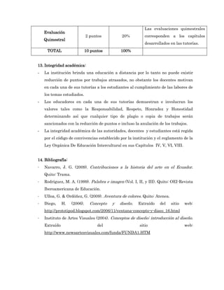 Las evaluaciones quimestrales
    Evaluación
                              2 puntos          20%         corresponden a los capítulos
    Quimestral
                                                            desarrollados en las tutorías.
     TOTAL                    10 puntos        100%


13. Integridad académica:
-   La institución brinda una educación a distancia por lo tanto no puede existir
    reducción de puntos por trabajos atrasados, no obstante los docentes motivan
    en cada una de sus tutorías a los estudiantes al cumplimiento de las labores de
    los temas estudiados.
-   Los educadores en cada una de sus tutorías demuestran e involucran los
    valores tales como la Responsabilidad, Respeto, Honradez y Honestidad
    determinando así que cualquier tipo de plagio o copia de trabajos serán
    sancionados con la reducción de puntos e incluso la anulación de los trabajos.
-   La integridad académica de las autoridades, docentes y estudiantes está regida
    por el código de convivencias establecido por la institución y el reglamento de la
    Ley Orgánica De Educación Intercultural en sus Capítulos IV, V, VI, VIII.


14. Bibliografía:
-   Navarro, J. G. (2009). Contribuciones a la historia del arte en el Ecuador.
    Quito: Trama.
-   Rodríguez, M. A. (1999). Palabra e imagen (Vol. I, II, y III). Quito: OEI-Revista
    Iberoamericana de Educación.
-   Ulloa, G. & Ordóñez, G. (2009). Aventura de colores. Quito: Atenea.
-   Diego,     H.   (2006).     Concepto   y   diseño.   Extraído   del   sitio   web:
    http://prototipod.blogspot.com/2006/11/ventana-concepto-y-diseo_16.html
-   Instituto de Artes Visuales (2004). Conceptos de diseño: introducción al diseño.
    Extraído                        del                  sitio                    web:
    http://www.newsartesvisuales.com/funda/FUNDA1.HTM
 