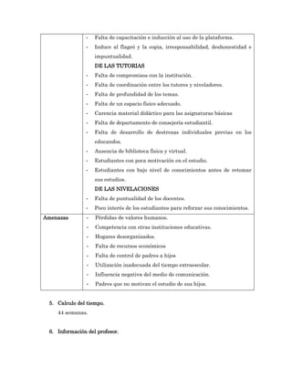 -    Falta de capacitación e inducción al uso de la plataforma.
               -    Induce al flageó y la copia, irresponsabilidad, deshonestidad e
                    impuntualidad.
                    DE LAS TUTORIAS
               -    Falta de compromisos con la institución.
               -    Falta de coordinación entre los tutores y niveladores.
               -    Falta de profundidad de los temas.
               -    Falta de un espacio físico adecuado.
               -    Carencia material didáctico para las asignaturas básicas
               -    Falta de departamento de consejería estudiantil.
               -    Falta de desarrollo de destrezas individuales previas en los
                    educandos.
               -    Ausencia de biblioteca física y virtual.
               -    Estudiantes con poca motivación en el estudio.
               -    Estudiantes con bajo nivel de conocimientos antes de retomar
                    sus estudios.
                    DE LAS NIVELACIONES
               -    Falta de puntualidad de los docentes.
               -    Poco interés de los estudiantes para reforzar sus conocimientos.
Amenazas        -   Pérdidas de valores humanos.
                -   Competencia con otras instituciones educativas.
                -   Hogares desorganizados.
                -   Falta de recursos económicos
                -   Falta de control de padres a hijos
                -   Utilización inadecuada del tiempo extraescolar.
                -   Influencia negativa del medio de comunicación.
                -   Padres que no motivan el estudio de sus hijos.


 5. Calculo del tiempo.
    44 semanas.


 6. Información del profesor.
 