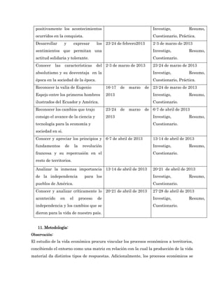 positivamente los acontecimientos                                          Investigo,         Resumo,
  ocurridos en la conquista.                                                 Cuestionario, Práctica.
  Desarrollar        y          expresar       los 23-24 de febrero2013      2-3 de marzo de 2013
  sentimientos que permitan una                                              Investigo,         Resumo,
  actitud solidaria y tolerante.                                             Cuestionario.
  Conocer      las   características           del 2-3 de marzo de 2013      23-24 de marzo de 2013
  absolutismo y su desventaja en la                                          Investigo,         Resumo,
  época en la sociedad de la época.                                          Cuestionario, Práctica.
  Reconocer la valía de Eugenio                     16-17   de   marzo   de 23-24 de marzo de 2013
  Espejo entre los primeros hombres                 2013                     Investigo,         Resumo,
  ilustrados del Ecuador y América.                                          Cuestionario.
  Reconocer los cambios que trajo                   23-24   de   marzo   de 6-7 de abril de 2013
  consigo el avance de la ciencia y                 2013                     Investigo,         Resumo,
  tecnología para la economía y                                              Cuestionario.
  sociedad en si.
  Conocer y apreciar los principios y 6-7 de abril de 2013                   13-14 de abril de 2013
  fundamentos         de        la     revolución                            Investigo,         Resumo,
  francesa y su repercusión en el                                            Cuestionario.
  resto de territorios.

  Analizar la inmensa importancia 13-14 de abril de 2013                     20-21 de abril de 2013
  de la independencia                   para los                             Investigo,         Resumo,
  pueblos de América.                                                        Cuestionario.
  Conocer y analizar críticamente lo 20-21 de abril de 2013                  27-28 de abril de 2013
  acontecido     en        el        proceso   de                            Investigo,         Resumo,
  independencia y los cambios que se                                         Cuestionario.
  dieron para la vida de nuestro país.


   11. Metodología:
Observación:
El estudio de la vida económica procura vincular los procesos económicos a territorios,
concibiendo el entorno como una matriz en relación con la cual la producción de la vida
material da distintos tipos de respuestas. Adicionalmente, los procesos económicos se
 
