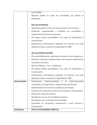 puntualidad
                -   Reportes fiables de todas las actividades que brinda la
                    plataforma.


                    DE LAS TUTORIAS
                -   Aplicación práctica de los ejes transversales en el currículo.
                -   Profesores comprometidos a satisfacer las necesidades y
                    requerimiento del sistema educativo
                -   El campus brinda accesibilidad a las redes de información y
                    comunicación.
                -   Laboratorios correctamente equipados con internet, con canal
                    dedicado a datos e internet de capacidad de 4 MB.


                    DE LAS NIVELACIONES
                -   Personal debidamente capacitado de acuerdo a cada asignatura.
                -   Excelente relaciones interpersonales entre quienes conforman la
                    institución educativa.
                -   Servicios Básicos, bar y mobiliarios.
                -   El campus brinda accesibilidad a las redes de información y
                    comunicación.
                -   Laboratorios correctamente equipados con internet, con canal
                    dedicado a datos e internet de capacidad de 4 MB.
Oportunidades   -   Instituciones    Gubernamentales      y    no    gubernamentales
                    vinculadas a la capacitación y mejoramiento del docente.
                -   Globalización de los servicios académicos del Colegio.
                -   Convenios de cooperación institucional nacional e internacional.
                -   Proceso de evaluación externa.
                -   Estudiantes con un nivel académico superior.
                -   Estudiantes con un manejo de la tecnología.
                -   Capacidad de crecimiento institucional a nivel nacional e
                    internacional.
Debilidades         DE LA PLATAFORMA VIRTUAL
 
