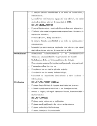 -   El campus brinda accesibilidad a las redes de información y
                    comunicación.
                -   Laboratorios correctamente equipados con internet, con canal
                    dedicado a datos e internet de capacidad de 4 MB.
                    DE LAS NIVELACIONES
                -   Personal debidamente capacitado de acuerdo a cada asignatura.
                -   Excelente relaciones interpersonales entre quienes conforman la
                    institución educativa.
                -   Servicios Básicos, bar y mobiliarios.
                -   El campus brinda accesibilidad a las redes de información y
                    comunicación.
                -   Laboratorios correctamente equipados con internet, con canal
                    dedicado a datos e internet de capacidad de 4 MB.
Oportunidades   -   Instituciones    Gubernamentales       y   no   gubernamentales
                    vinculadas a la capacitación y mejoramiento del docente.
                -   Globalización de los servicios académicos del Colegio.
                -   Convenios de cooperación institucional nacional e internacional.
                -   Proceso de evaluación externa.
                -   Estudiantes con un nivel académico superior.
                -   Estudiantes con un manejo de la tecnología.
                -   Capacidad de crecimiento institucional a nivel nacional e
                    internacional.
Debilidades         DE LA PLATAFORMA VIRTUAL
                -   Falta de disponibilidad de equipos personales con internet.
                -   Falta de capacitación e inducción al uso de la plataforma.
                -   Induce al flageó y la copia, irresponsabilidad, deshonestidad e
                    impuntualidad.
                    DE LAS TUTORIAS
                -   Falta de compromisos con la institución.
                -   Falta de coordinación entre los tutores y niveladores.
                -   Falta de profundidad de los temas.
                -   Falta de un espacio físico adecuado.
 