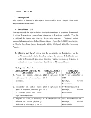 Jueves 17:00 – 20:00


   7. Prerrequisitos:
Para ingresar al primero de bachillerato los estudiantes deben conocer temas como:
conceptos básicos de filosofía.


   8. Requisitos de Texto:
Una vez cumplido los prerrequisitos, los estudiantes tienen la capacidad de proseguir
el proceso de enseñanza y aprendizaje establecido en la reforma curricular. Para ello
se utilizará los textos que contiene dichos conocimientos.           Tenemos: módulo
recomendado para primero de bachillerato, Comte ‐ Sponville, A. (2002). Invitación a
la filosofía. Barcelona. Paidós; Savater, F. (1999). Diccionario Filosófico. Barcelona:
Planeta.


   9. Objetivos del Curso: Lograr que los estudiantes se familiaricen con los
         problemas centrales de la filosofía y apliquen los métodos de la filosofía para
         tratar reflexivamente problemas filosóficos y aplicar esa manera de pensar al
         tratamiento de nuevos problemas filosóficos y problemas cotidianos.


   10. Esquema del curso:
  DESTREZA CON CRITERIO DE     FECHAS A CUBRIR             FECHAS DE
         DESEMPEÑO                 EL BLOQUE             EVALUACIONES
1. Pensar de manera rigurosa, 22-23 de septiembre de 29-30 de septiembre                     de
    crítica y creativa sobre problemas 2012                       2012
    filosóficos.                                                  Investigo,         Resumo,
                                                                  Cuestionario.
2. Desarrollar un sentido crítico 29-30 de septiembre de 6-7 de octubre de 2012
    frente al quehacer cotidiano que 2012                         Investigo,         Resumo,
    le    permita   tener   una   visión                          Cuestionario.
    objetiva de la realidad
3. Adquirir el hábito de revisar y 6-7 de octubre de 2012         13-14 de octubre de 2012
    corregir los juicios propios y                                Investigo,         Resumo,
    modificar su conducta a la luz de                             Cuestionario.
 