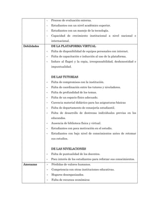 -   Proceso de evaluación externa.
              -   Estudiantes con un nivel académico superior.
              -   Estudiantes con un manejo de la tecnología.
              -   Capacidad de crecimiento institucional a nivel nacional e
                  internacional.
Debilidades       DE LA PLATAFORMA VIRTUAL
              -   Falta de disponibilidad de equipos personales con internet.
              -   Falta de capacitación e inducción al uso de la plataforma.
              -   Induce al flageó y la copia, irresponsabilidad, deshonestidad e
                  impuntualidad.


                  DE LAS TUTORIAS
              -   Falta de compromisos con la institución.
              -   Falta de coordinación entre los tutores y niveladores.
              -   Falta de profundidad de los temas.
              -   Falta de un espacio físico adecuado.
              -   Carencia material didáctico para las asignaturas básicas
              -   Falta de departamento de consejería estudiantil.
              -   Falta de desarrollo de destrezas individuales previas en los
                  educandos.
              -   Ausencia de biblioteca física y virtual.
              -   Estudiantes con poca motivación en el estudio.
              -   Estudiantes con bajo nivel de conocimientos antes de retomar
                  sus estudios.


                  DE LAS NIVELACIONES
              -   Falta de puntualidad de los docentes.
              -   Poco interés de los estudiantes para reforzar sus conocimientos.
Amenazas      -   Pérdidas de valores humanos.
              -   Competencia con otras instituciones educativas.
              -   Hogares desorganizados.
              -   Falta de recursos económicos
 