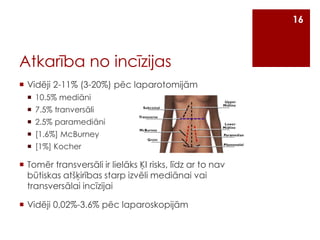 16

Atkarība no incīzijas
 Vidēji 2-11% (3-20%) pēc laparotomijām
 10.5% mediāni
 7.5% tranversāli
 2.5% paramediāni
 [1.6%] McBurney
 [1%] Kocher

 Tomēr transversāli ir lielāks ĶI risks, līdz ar to nav
būtiskas atšķirības starp izvēli mediānai vai
transversālai incīzijai
 Vidēji 0,02%-3.6% pēc laparoskopijām

 