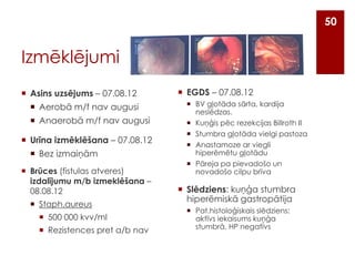 50

Izmēklējumi
 Asins uzsējums – 07.08.12
 Aerobā m/f nav augusi
 Anaerobā m/f nav augusi
 Urīna izmēklēšana – 07.08.12
 Bez izmaiņām
 Brūces (fistulas atveres)
izdalījumu m/b izmeklēšana –
08.08.12
 Staph.aureus
 500 000 kvv/ml
 Rezistences pret a/b nav

 EGDS – 07.08.12
 BV gļotāda sārta, kardija
neslēdzas.
 Kuņģis pēc rezekcijas Billroth II
 Stumbra gļotāda vielgi pastoza
 Anastamoze ar viegli
hiperēmētu gļotādu
 Pāreja pa pievadošo un
novadošo cilpu brīva

 Slēdziens: kuņģa stumbra
hiperēmiskā gastropātija
 Pat.histoloģiskais slēdziens:
aktīvs iekaisums kuņģa
stumbrā. HP negatīvs

 