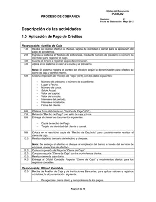Código del Documento
                                                                              P-CB-02
                PROCESO DE COBRANZA
                                                                    Revisión:             01
                                                                    Fecha de Elaboración: Mayo 2012


Descripción de las actividades
1.0 Aplicación de Pago de Créditos

Responsable: Auxiliar de Caja
 1.0    Recibe del cliente efectivo o cheque, tarjeta de identidad o carnet para la aplicación del
        pago de préstamos.
 2.0    Ingresa al sistema al “Módulo de Cobranzas, mediante número de préstamo o número de
        identidad para registrar el pago.
 3.0    Cuenta el dinero a registrar según denominación.
 4.0    Aplica en el sistema el valor a la cuota y al préstamo.

        Nota: El sistema registra el conteo del efectivo según la denominación para efectos de
        cierre de caja y control interno.
 5.0    Ordena impresión de “Recibo de Pago” (O/1), con los datos siguientes:

            -   Número de préstamo o número de expediente.
            -   Lugar y Fecha.
            -   Número de cuota.
            -   Saldo Actual.
            -   Valor del capital.
            -   Valor de la cuota.
            -   Intereses del período.
            -   Intereses moratorios.
            -   Firma del cliente.

 6.0    Obtiene firma del cliente en “Recibo de Pago” (O/1).
 7.0    Refrenda “Recibo de Pago” con sello de caja y firma.
 8.0    Entrega al cliente los documentos siguientes:

                Copia de recibo de Pago.
                Tarjeta de identidad del cliente o carnet.

 9.0    Coloca en el escritorio copia de “Recibo de Depósito” para posteriormente realizar el
        cierre de caja.
 10.0   Realiza depósito bancario del efectivo y cheques.

        Nota: Se entrega el efectivo o cheque al empleado del banco a través del servicio de
        empresa recolectora de efectivo.
 11.0   Ordena impresión de Reporte “Cierre de Caja”
 12.0   Compara reporte “Cierre de Caja” contra movimientos diarios.
 13.0   Realiza cierre de caja diario.
 14.0   Entrega al Oficial Contable Reporte “Cierre de Caja” y movimientos diarios para los
        registros contables.

Responsable: Oficial Contable
 15.0   Recibe de Auxiliar de Caja y de Instituciones Bancarias, para aplicar valores y registros
        contables, la documentación siguiente:

            -   De agencias: cierre diario y comprobante de los pagos.


                                           Página 5 de 10
 