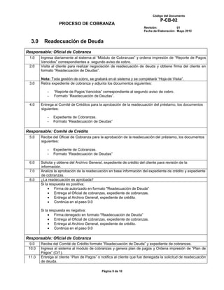 Código del Documento
                                                                                 P-CB-02
                   PROCESO DE COBRANZA
                                                                       Revisión:             01
                                                                       Fecha de Elaboración: Mayo 2012


  3.0     Readecuación de Deuda

Responsable: Oficial de Cobranza
 1.0    Ingresa diariamente al sistema al “Módulo de Cobranzas” y ordena impresión de “Reporte de Pagos
        Vencidos” correspondientes a segundo aviso de cobro.
 2.0    Visita al cliente para realizar negociación de readecuación de deuda y obtiene firma del cliente en
        formato “Readecuación de Deudas”.

        Nota: Toda gestión de cobro, se grabará en el sistema y se completará “Hoja de Visita”.
 3.0    Retira expediente de cobranza y adjunta los documentos siguientes:

            -   “Reporte de Pagos Vencidos” correspondiente al segundo aviso de cobro.
            -   Formato “Readecuación de Deudas”.

 4.0    Entrega al Comité de Créditos para la aprobación de la readecuación del préstamo, los documentos
        siguientes:

            -   Expediente de Cobranzas.
            -   Formato “Readecuación de Deudas”

Responsable: Comité de Crédito
 5.0    Recibe del Oficial de Cobranza para la aprobación de la readecuación del préstamo, los documentos
        siguientes:

            -   Expediente de Cobranzas.
            -   Formato “Readecuación de Deudas”

 6.0    Solicita y obtiene del Archivo General, expediente de crédito del cliente para revisión de la
        información.
 7.0    Analiza la aprobación de la readecuación en base información del expediente de crédito y expediente
        de cobranzas.
 8.0    ¿La readecuación es aprobada?
        Si la respuesta es positiva:
                 Firma de autorizado en formato "Readecuación de Deuda”
                 Entrega al Oficial de cobranzas, expediente de cobranzas.
                 Entrega al Archivo General, expediente de crédito.
                 Continúa en el paso 9.0

        Si la respuesta es negativa:
                 Firma denegado en formato "Readecuación de Deuda”
                 Entrega al Oficial de cobranzas, expediente de cobranzas.
                 Entrega al Archivo General, expediente de crédito.
                 Continúa en el paso 9.0

Responsable: Oficial de Cobranza
 9.0    Recibe del Comité de Crédito formato “Readecuación de Deuda” y expediente de cobranzas.
 10.0   Ingresa al sistema al modulo de cobranzas y genera plan de pagos y Ordena impresión de “Plan de
        Pagos” (O/1).
 11.0   Entrega al cliente “Plan de Pagos” o notifica al cliente que fue denegada la solicitud de readecuación
        de deuda.

                                             Página 9 de 10
 