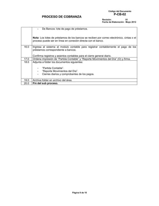 Código del Documento
                                                                            P-CB-02
               PROCESO DE COBRANZA
                                                                  Revisión:             01
                                                                  Fecha de Elaboración: Mayo 2012


           -   De Bancos: lote de pago de préstamos.


       Nota: Los lotes de préstamos de los bancos se reciben por correo electrónico, cintas o el
       proceso puede ser en línea en conexión directa con el banco.

16.0   Ingresa al sistema al modulo contable para registrar contablemente el pago de los
       préstamos correspondiente a bancos.

       Confirma registros y asientos contables para el cierre general diario.
17.0   Ordena impresión de “Partida Contable” y “Reporte Movimientos del Día” (O) y firma.
18.0   Adjunta a folder los documentos siguientes:

           -   “Partida Contable”.
           -   “Reporte Movimientos del Día”.
           -   Cierres diarios y comprobantes de los pagos.

19.0   Archiva folder en archivo del área.
20.0   Fin del sub proceso.




                                             Página 6 de 10
 