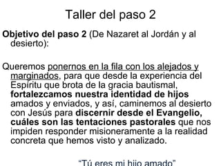 Taller del paso 2 Objetivo del paso 2  (De Nazaret al Jordán y al desierto):    Queremos  ponernos en la fila con los alejados y marginados , para que desde la experiencia del Espíritu que brota de la gracia bautismal,  fortalezcamos nuestra identidad de hijos  amados y enviados, y así, caminemos al desierto con Jesús para  discernir desde el Evangelio, cuáles son las tentaciones pastorales  que nos impiden responder misioneramente a la realidad concreta que hemos visto y analizado. “ Tú eres mi hijo amado” 