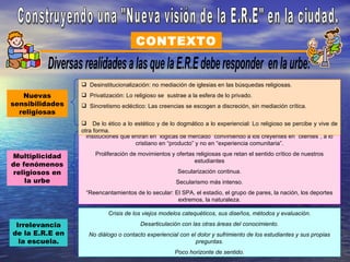 CONTEXTO


                  Desinstitucionalización: no mediación de iglesias en las búsquedas religiosas.
   Nuevas         Privatización: Lo religioso se sustrae a la esfera de lo privado.
sensibilidades    Sincretismo ecléctico: Las creencias se escogen a discreción, sin mediación crítica.
  religiosas
                  De lo ético a lo estético y de lo dogmático a lo experiencial: Lo religioso se percibe y vive de
                 otra forma.
                   Instituciones que entran en “lógicas de mercado” convirtiendo a los creyentes en “clientes”, a lo
                                      cristiano en “producto” y no en “experiencia comunitaria”.

Multiplicidad         Proliferación de movimientos y ofertas religiosas que retan el sentido crítico de nuestros
                                                            estudiantes
de fenómenos
 religiosos en                                        Secularización continua.
    la urbe                                           Secularismo más intenso.
                  “Reencantamientos de lo secular: El SPA, el estadio, el grupo de pares, la nación, los deportes
                                                    extremos, la naturaleza.

                           Crisis de los viejos modelos catequéticos, sus diseños, métodos y evaluación.

 Irrelevancia                           Desarticulación con las otras áreas del conocimiento.
de la E.R.E en     No diálogo o contacto experiencial con el dolor y sufrimiento de los estudiantes y sus propias
  la escuela.                                               preguntas.
                                                     Poco horizonte de sentido.
 