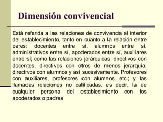Dimensión  convivencial  E stá referida a las relaciones de convivencia al interior del establecimiento, tanto en cuanto a...