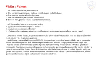 Visión y Valores   La Visión debe cubrir 4 puntos básicos: a) debe ser factible, construida a partir de posibilidades y probabilidades; b) debe motivar, inspirar a los involucrados; c) debe ser compartida por todos los involucrados; d) debe ser clara, precisa, concisa y de fácil memorización. Los Valores deben basarse en tres puntos básicos: a) ¿Qué consideramos valioso para la escuela? b) ¿Cuáles son nuestras coincidencias? c) ¿Cuáles son las prácticas y actuaciones cotidianas necesarias para orientarnos hacia nuestra visión?   La visión de nuestra escuela, al igual que la misión, ha tenido tres modificaciones, cada una de ellas coherente con la misión y los objetivos respectivos.   La visión que a partir del ciclo escolar 2009-2010 compartimos, responde a las necesidades que la comunidad escolar actualmente percibe, pero sobre todo proyecta lo que a mediano y largo plazo queremos llegar a ser.   Nuestros valores están vinculados con los 4 pilares de la educación y basados en una actitud de aprendizaje permanente. Entendemos nuestros valores como las herramientas que nos ayudan a consolidar nuestra misión y a construir nuestra visión. De esta forma, le hemos dado prioridad a los siguientes, lo cual no significa soslayar o ignorar otros igual de valiosos. Simplemente hemos considerado que los que a continuación se enlistan, son los que nos conducirán más rápida y eficazmente a nuestros objetivos. 