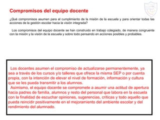 Los docentes asumen el compromiso de actualizarse permanentemente, ya sea a través de los cursos y/o talleres que ofrece la misma SEP o por cuenta  propia, con la intención de elevar el nivel de formación, información y cultura que se les pueda transmitir a los alumnos. Asimismo, el equipo docente se compromete a asumir una actitud de apertura hacia padres de familia, alumnos y resto del personal que labora en la escuela con la finalidad de escuchar opiniones, sugerencias, críticas y todo aquello que pueda reincidir positivamente en el mejoramiento del ambiente escolar y del rendimiento del alumnado. Compromisos del equipo docente ¿Qué compromisos asumen para el cumplimiento de la misión de la escuela y para orientar todas las acciones de la gestión escolar hacia la visión integrada? Los compromisos del equipo docente se han construido en trabajo colegiado, de manera congruente con la misión y la visión de la escuela y sobre todo pensando en acciones posibles y probables. 