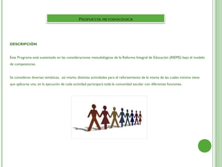 DESCRIPCIÓN


Este Programa está sustentado en las consideraciones metodológicas de la Reforma Integral de Educación (RIEMS) bajo el modelo
de competencias. 


Se consideran diversas temáticas, así mismo distintas actividades para el reforzamiento de la misma de las cuales mínimo tiene
que aplicarse una; en la ejecución de cada actividad participará toda la comunidad escolar con diferentes funciones.
 