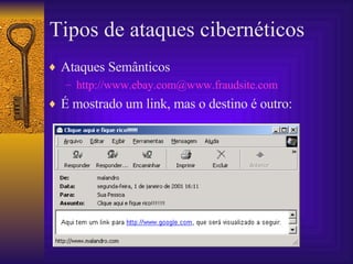 Tipos de ataques cibernéticos Ataques Semânticos http://www.ebay.com@www.fraudsite.com É mostrado um link, mas o destino é outro: 