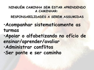 Acompanhar sistematicamente as turmas Apoiar o alfabetizando no ofício de ensinar/aprender/avaliar Administrar conflitos Ser ponte e ser caminho NINGUÉM CAMINHA SEM ESTAR APRENDENDO A CAMINHAR:  RESPONSABILIDADES A SEREM ASSUMIDAS 