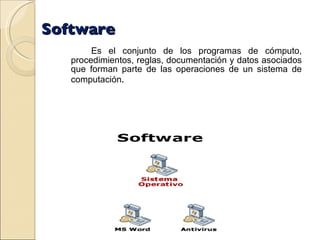   Software Es el conjunto de los programas de cómputo, procedimientos, reglas, documentación y datos asociados que forman parte de las operaciones de un sistema de computación . 