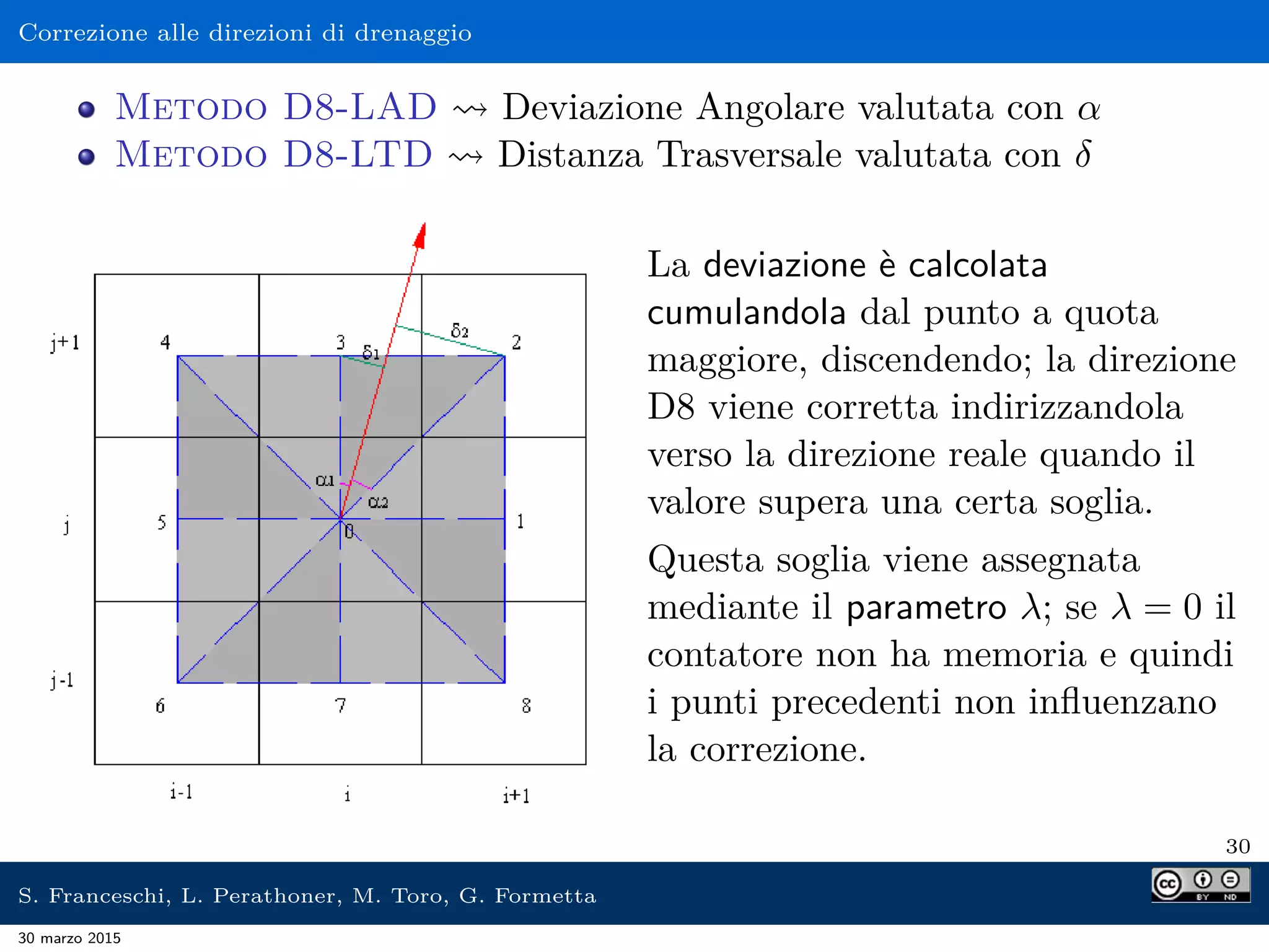 Correzione alle direzioni di drenaggio
Metodo D8-LAD Deviazione Angolare valutata con α
Metodo D8-LTD Distanza Trasversale valutata con δ
La deviazione è calcolata
cumulandola dal punto a quota
maggiore, discendendo; la direzione
D8 viene corretta indirizzandola
verso la direzione reale quando il
valore supera una certa soglia.
Questa soglia viene assegnata
mediante il parametro λ; se λ = 0 il
contatore non ha memoria e quindi
i punti precedenti non inﬂuenzano
la correzione.
30
S. Franceschi, L. Perathoner, M. Toro, G. Formetta
30 marzo 2015
 