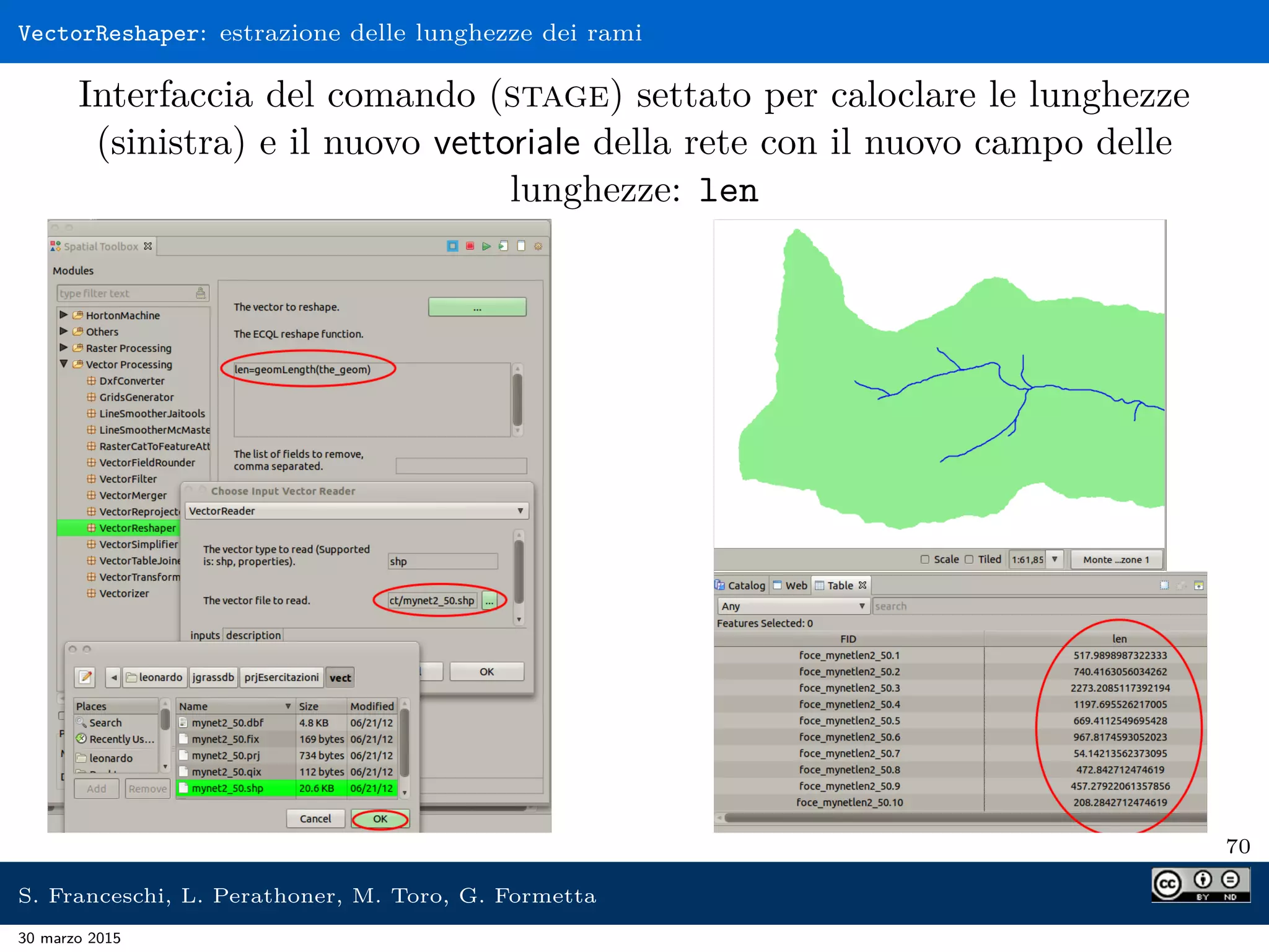 VectorReshaper: estrazione delle lunghezze dei rami
Interfaccia del comando (stage) settato per caloclare le lunghezze
(sinistra) e il nuovo vettoriale della rete con il nuovo campo delle
lunghezze: len
70
S. Franceschi, L. Perathoner, M. Toro, G. Formetta
30 marzo 2015
 