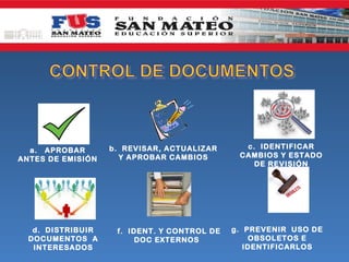 b. REVISAR, ACTUALIZAR      c. IDENTIFICAR
  a. APROBAR
                     Y APROBAR CAMBIOS        CAMBIOS Y ESTADO
ANTES DE EMISIÓN
                                                 DE REVISIÓN




   d. DISTRIBUIR    f. IDENT. Y CONTROL DE   g. PREVENIR USO DE
  DOCUMENTOS A           DOC EXTERNOS            OBSOLETOS E
   INTERESADOS                                  IDENTIFICARLOS
 