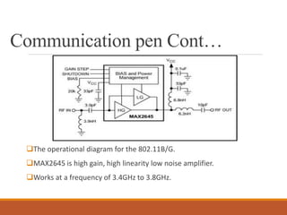 Communication pen Cont…
The operational diagram for the 802.11B/G.
MAX2645 is high gain, high linearity low noise amplifier.
Works at a frequency of 3.4GHz to 3.8GHz.
 
