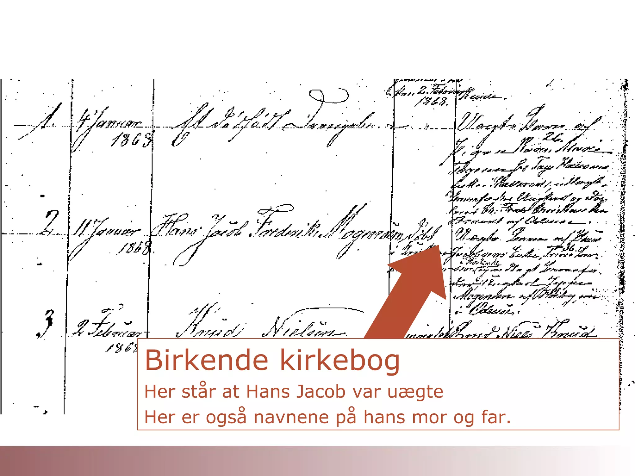 Birkende kirkebog Her står at Hans Jacob var uægte Her er også navnene på hans mor og far. 