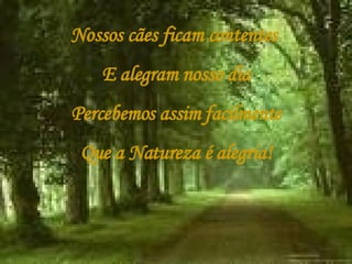 Nossos cães ficam contentes  E alegram nosso dia Percebemos assim facilmente Que a Natureza é alegria! 