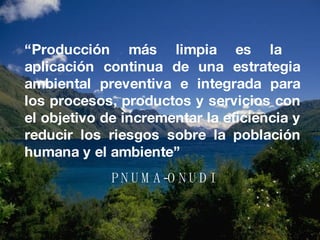 “ Producción más limpia es la  aplicación continua de una estrategia ambiental preventiva e integrada para los procesos, productos y servicios con el objetivo de incrementar la eficiencia y reducir los riesgos sobre la población humana y el ambiente” PNUMA-ONUDI 