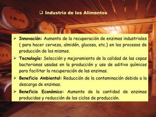 Industria de los Alimentos Innovación:  Aumento de la recuperación de enzimas industriales ( para hacer cerveza, almidón, glucosa, etc.) en los procesos de producción de los mismos. Tecnología:  Selección y mejoramiento de la calidad de las cepas bacterianas usadas en la producción y uso de aditivo químicos para facilitar la recuperación de las enzimas. Beneficio Ambiental:  Reducción de la contaminación debido a la descarga de enzimas. Beneficio Económico:  Aumento de la cantidad de enzimas producidas y reducción de los ciclos de producción. 