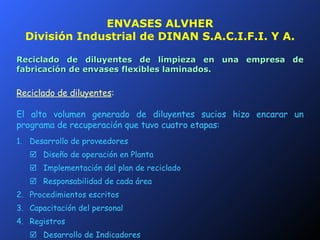 ENVASES ALVHER División Industrial de DINAN S.A.C.I.F.I. Y A. Reciclado de diluyentes de limpieza en una empresa de fabricación de envases flexibles laminados. Reciclado de diluyentes : El alto volumen generado de diluyentes sucios hizo encarar un programa de recuperación que tuvo cuatro etapas: 1. Desarrollo de proveedores  Diseño de operación en Planta  Implementación del plan de reciclado  Responsabilidad de cada área 2. Procedimientos escritos 3. Capacitación del personal 4. Registros  Desarrollo de Indicadores 