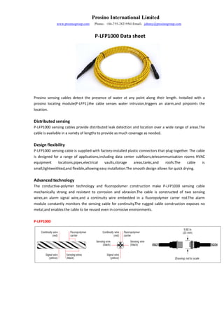 Prosino International Limited
www.prosinogroup.com Phone：+86-755-28219561Email：johnny@prosinogroup.com
P-LFP1000 Data sheet
Prosino sensing cables detect the presence of water at any point along their length. Installed with a
prosino locating module(P-LFP1),the cable senses water intrusion,triggers an alarm,and pinpoints the
location.
Distributed sensing
P-LFP1000 sensing cables provide distributed leak detection and location over a wide range of areas.The
cable is available in a variety of lengths to provide as much coverage as needed.
Design flexibility
P-LFP1000 sensing cable is supplied with factory-installed plastic connectors that plug together. The cable
is designed for a range of applications,including data center subfloors,telecommunication rooms HVAC
equipment locations,pipes,electrical vaults,storage areas,tanks,and roofs.The cable is
small,lightweithted,and flexible,allowing easy installation.The smooth design allows for quick drying.
Advanced technology
The conductive-polymer technology and fluoropolymer construction make P-LFP1000 sensing cable
mechanically strong and resistant to corrosion and abrasion.The cable is constructed of two sensing
wires,an alarm signal wire,and a continuity wire embedded in a fluoropolymer carrer rod.The alarm
module constantly monitors the sensing cable for continuity.The rugged cable construction exposes no
metal,and enables the cable to be reused even in corrosive environments.
P-LFP1000
 