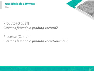 Qualidade de Software
Eixos
Produto (O quê?)
Estamos fazendo o produto correto?
Processo (Como)
Estamos fazendo o produto corretamente?
 