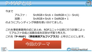 P-MAPとは
今まで
アルファ： SrcRGB＊SrcA + DstRGB＊(１- SrcA)
加算： SrcRGB＊SrcA + DstRGB＊１
のようにブレンディング係数を使い分けてました。
これを事前乗算用の式にまとめ、ROPユニット以前に行う計算によっ
てアルファ合成と加算合成を区別せず扱う考え方、
これを「P-MAP」（事前乗算アルファプラス）と呼ぶことにします。
今回のテーマ
 