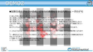 DEMO2
加算合成とアルファ合成、どちらの表現もできる汎用シェーダのデモ
3つ並んだ同じ素材パーティクルは左から順に、
•赤く変調した加算合成 （背景が明るい場所で白飛びしています）
•赤く変調したアルファ合成 （どこでも綺麗赤く見えますが眩しさがあまり感じられません)
•赤く変調したアルファ合成の後、白く加算合成 (中央に白い芯があり、背景が明るくても白飛びしない)
これらは一般的にはブレンド係数を変えて描画することが多いですが、全て同じシェーダで描画できてい
ます。
各マテリアルの"Alp Color(RGBA)"と"Add Color(RGB)"を調整することで複雑な合成が行えます。
※ このようなシェーダがあれば加算とアルファ合成のためにシェーダーを使い分ける必要が無くなります
。
※ 一番右のようなパーティクルを表示しようとすると従来2パス以上かかりますが1パスで複雑な絵が出せ
るようになります。
※ 色違いエフェクト素材を用意する必要が減ります。
※ ストレート画像をそのまま利用できます。
 