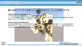 DEMO4
P-MAPテクスチャを使ってシーン内のドローコールを減らすデモ
Demo4>Demo4_Straight.unity
こちらが今までの一般的なストレート画像を使ったシーンです。
シーン内で100枚のスプライトが表示されていますが、 加算とアルファ用のマテリアルが混在するため50
回近いドローコールが発生しています。
Demo4>Demo4_PMAP.unity
Demo3と仕組みは同じですがP-MAPテクスチャを使えばテクスチャ領域毎に加算・アルファ合成を指定で
きますので シーン内のマテリアルが一つになり1度のドローコールにまとまりました。 実際にはDemo3よ
りもこのような用途で使われることのほうが多いと思います。
 
