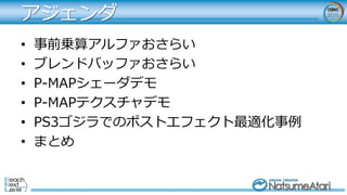 アジェンダ
• 事前乗算アルファおさらい
• ブレンドバッファおさらい
• P-MAPシェーダデモ
• P-MAPテクスチャデモ
• PS3ゴジラでのポストエフェクト最適化事例
• まとめ
 