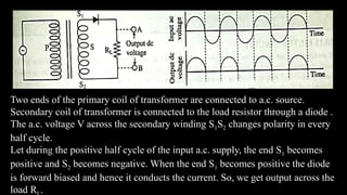 Two ends of the primary coil of transformer are connected to a.c. source.
Secondary coil of transformer is connected to the load resistor through a diode .
The a.c. voltage V across the secondary winding S1S2 changes polarity in every
half cycle.
Let during the positive half cycle of the input a.c. supply, the end S1 becomes
positive and S2 becomes negative. When the end S1 becomes positive the diode
is forward biased and hence it conducts the current. So, we get output across the
load R .
 