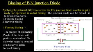 Biasing of P-N junction Diode
Applying the potential difference across the P-N junction diode in order to get it
ready for operation is called biasing. The junction diode can be biased in
following two ways.
1. Forward biasing
2. Reverse biasing
1. Forward biasing : -
The process of connecting
P-side of the diode with
positive terminal and N-
side with negative terminal
of a battery is called
forward biasing.
 
