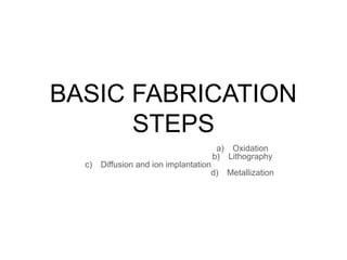 BASIC FABRICATION
STEPS
a) Oxidation
b) Lithography
c) Diffusion and ion implantation
d) Metallization
 