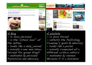 A Blog                         A Website
- is more personal             - is more formal
- is the “virtual soul” of     - reflects the Publishing
the author                     Company’s goals & advocacy
- looks like a daily journal   - looks like a portal
- usually a one man show       - usually composed of a
(except for group blogs)       different writers, editors
- motivated by personal        - motivated by revenue
Expression and advocacy        Because it is a business
 