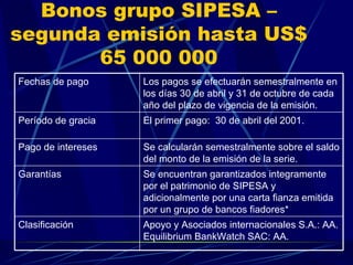Bonos grupo SIPESA –segunda emisión hasta US$ 65 000 000 Apoyo y Asociados internacionales S.A.: AA. Equilibrium BankWatch SAC: AA. Clasificación Se encuentran garantizados integramente por el patrimonio de SIPESA y adicionalmente por una carta fianza emitida por un grupo de bancos fiadores* Garantías Se calcularán semestralmente sobre el saldo del monto de la emisión de la serie. Pago de intereses El primer pago:  30 de abril del 2001. Período de gracia Los pagos se efectuarán semestralmente en los días 30 de abril y 31 de octubre de cada año del plazo de vigencia de la emisión. Fechas de pago 