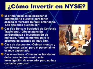 ¿Cómo Invertir en NYSE? El primer paso es seleccionar el intermediario bursátil, para tener acceso al mercado bursátil americano.  Las opciones pueden ser: Casa de Bolsa o Sociedad de Corretaje Tradicional.- Ofrece atención personalizada e investigación de mercado. Pero los montos para la apertura de cuentas es  muy alto. Casa de descuento.- Cobran montos y comisiones bajas, pero el personal no es muy capacitado. Casas en línea.- Ofrecen las bondades de la casa de descuento, más investigación de mercado, pero no hay contacto personal 